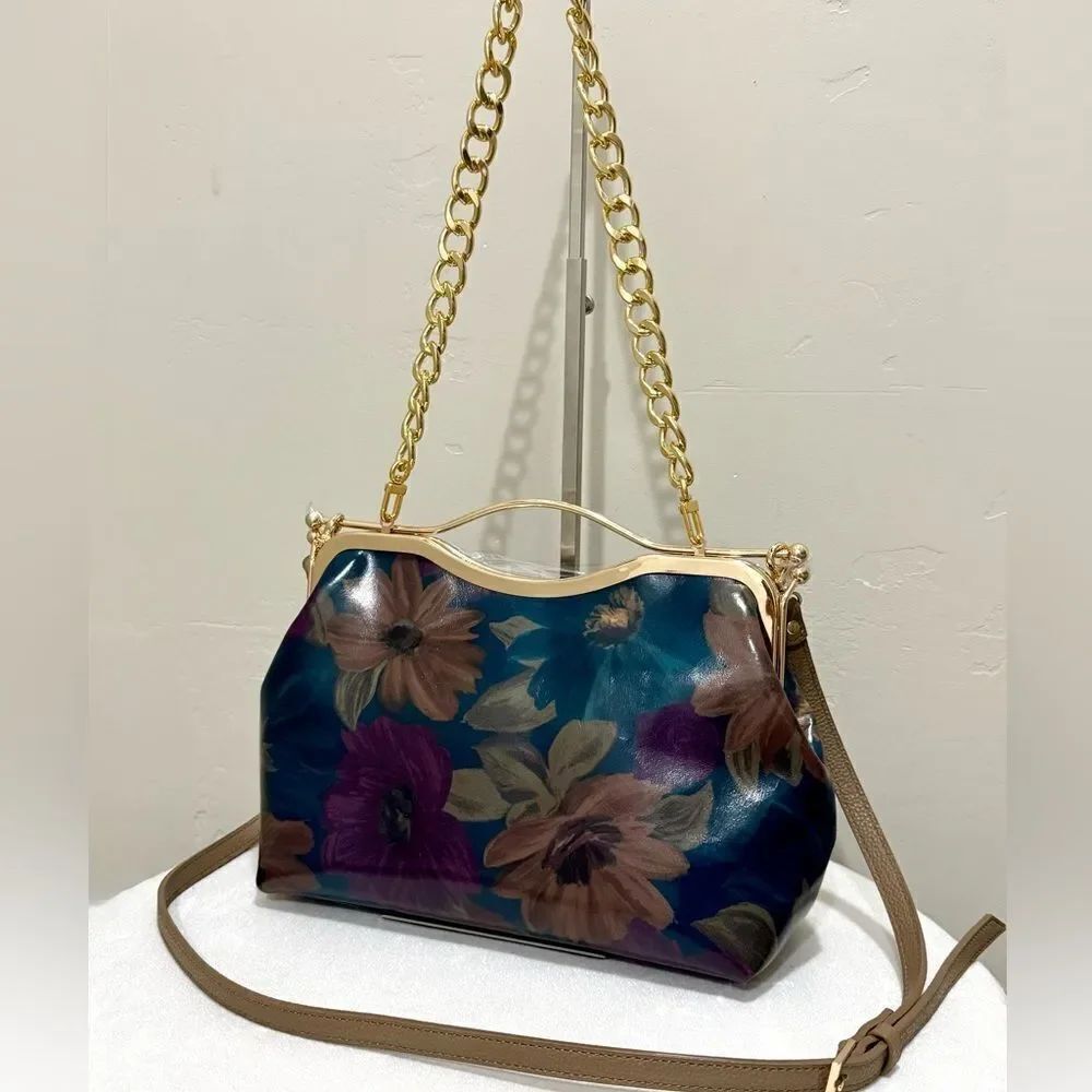 Floral Print Cowhide Leather Handmade Double Kisslock Top Handle Bag/Crossbody